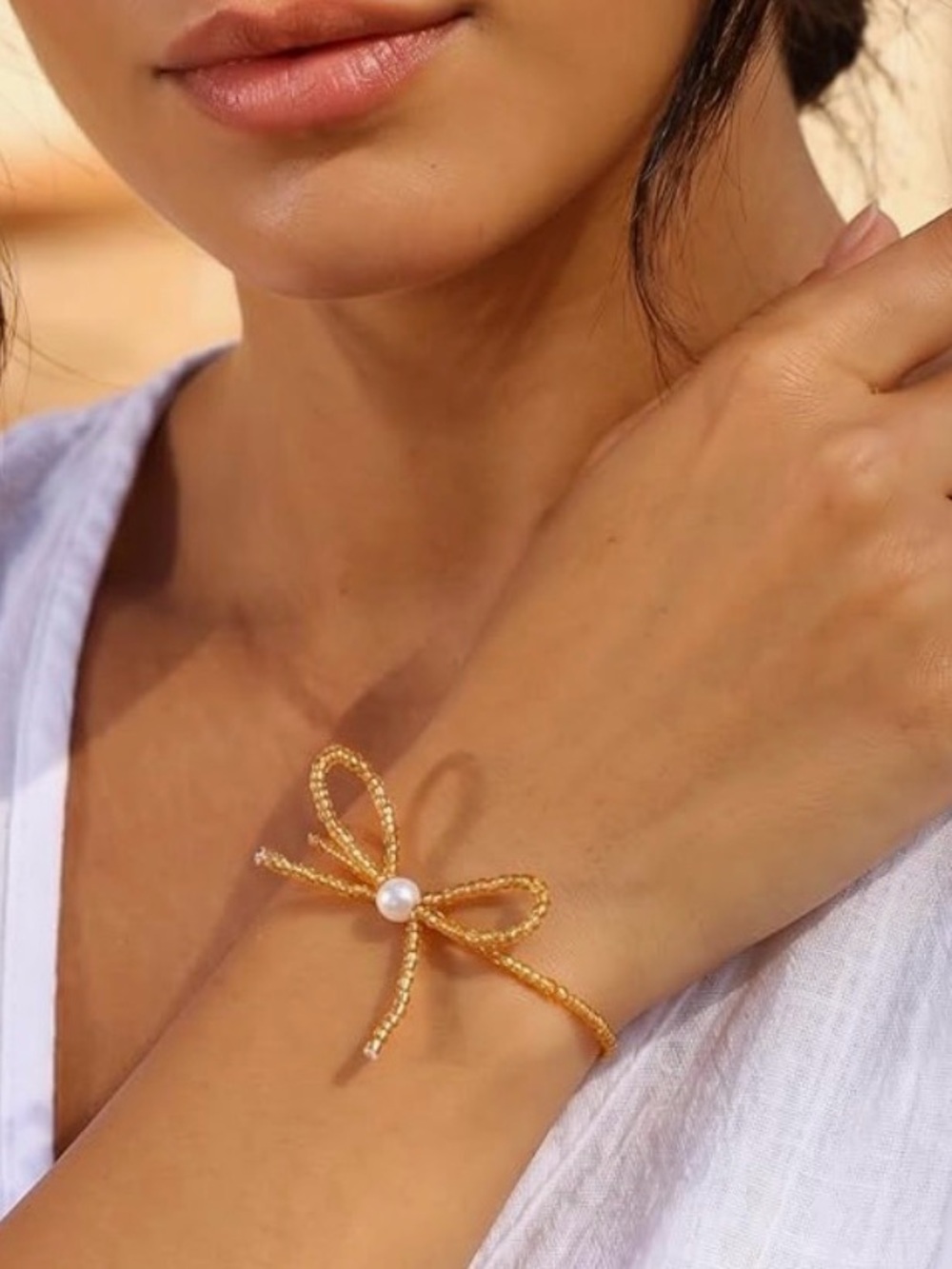 Gold Beaded Bow Bracelet with Faux Pearl | Stretch Boho Coquette Bracelet